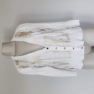 Cache white button front sweater gold paint/sequins-XL